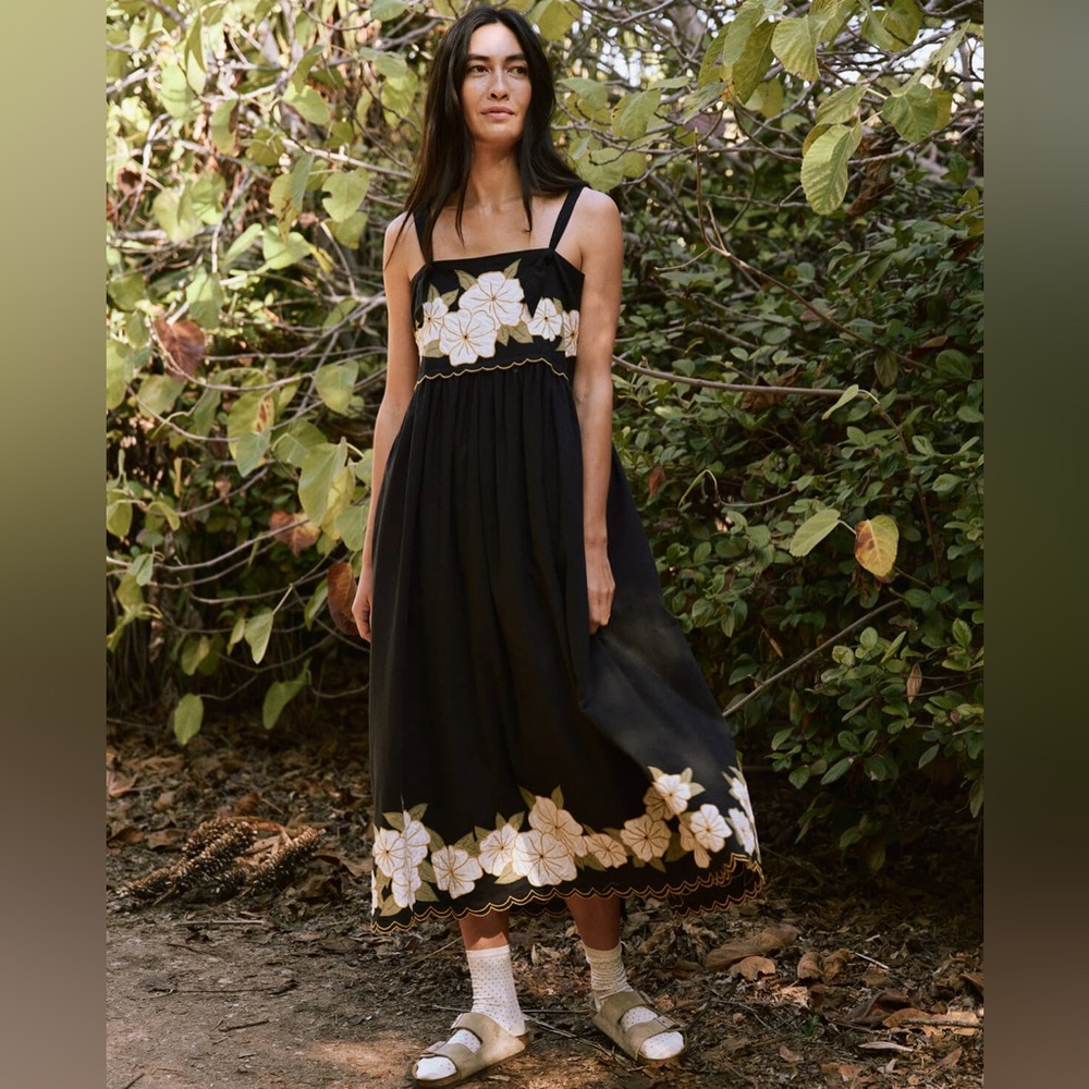 THE GREAT. Black Midi Dress with White Floral Embroidery